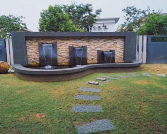 Triple waterfall wall and stepping-stone lawn